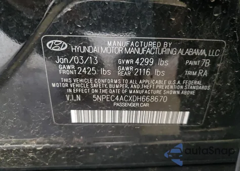 2013 Hyundai Sonata Se from USA, damaged, VIN 5NPEC4ACXDH668670